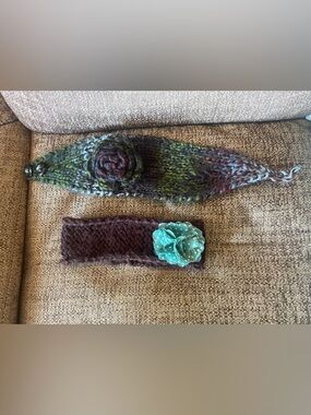 2 Headbands - Handmade Multicolor Knit with Flower Accent